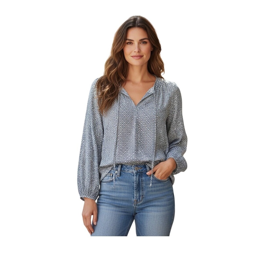 Max Studio Floral Print Blouse Blue Gray Chiffon Faux Wrap Long Sleeve‎ V-Neck S